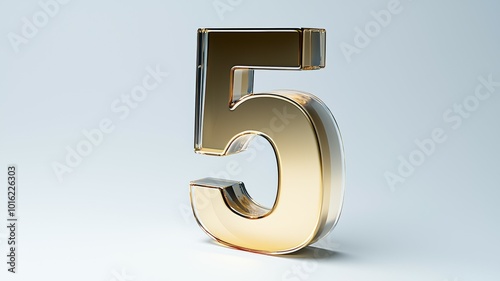 Three-dimensional golden number five on a light background with a sleek design and reflective surfaces