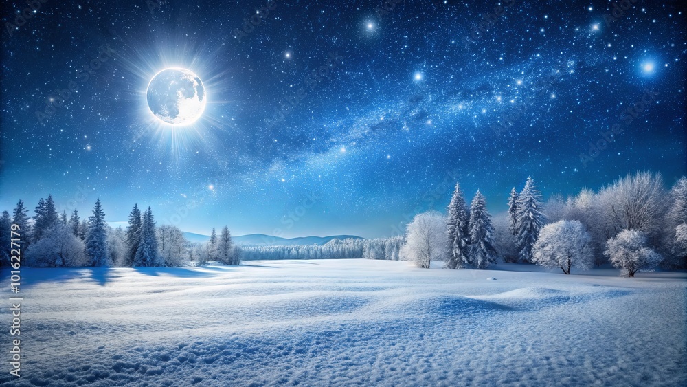 A Glimmering Moon Illuminates a Snow-Covered Forest Under a Starry Night Sky A Glimmering Moon Illuminates a Snow-Covered Forest Under a Starry Night Sky