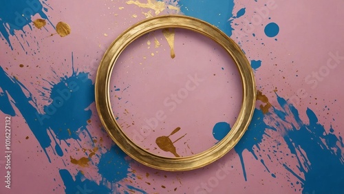 a closeup of a round wooden plate with a round frame on a blue background