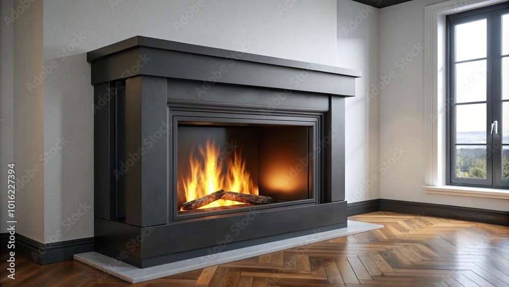 Modern black fireplace insert with flames in corner of house Modern black fireplace insert with flames in corner of house