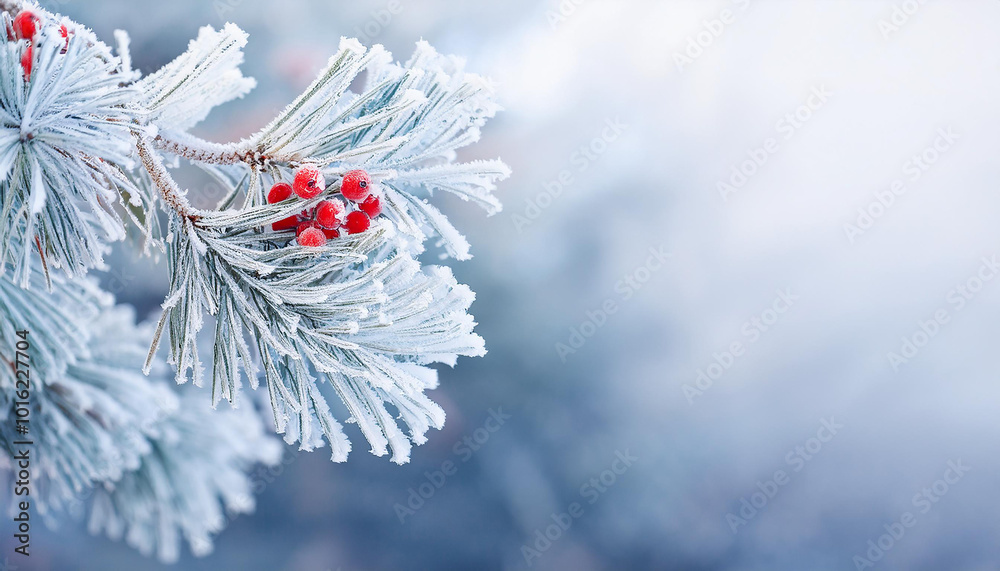 Frosted pine branch and vibrant red berries. Winter season. Holiday greeting card. Close-up. Frosted pine branch and vibrant red berries. Winter season. Holiday greeting card. Close-up.