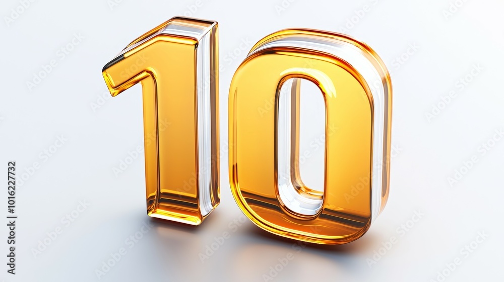 Transparent golden number 10 stands on a reflective surface lit with soft light Transparent golden number 10 stands on a reflective surface lit with soft light
