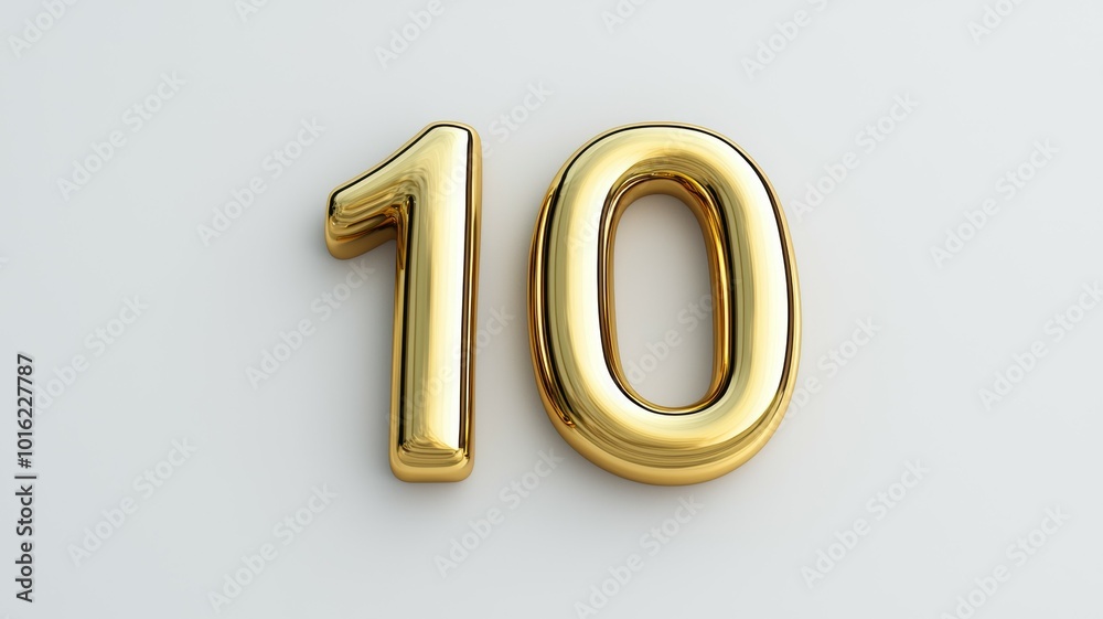 Golden number ten styled as a sleek, shiny decoration against a plain white background Golden number ten styled as a sleek, shiny decoration against a plain white background