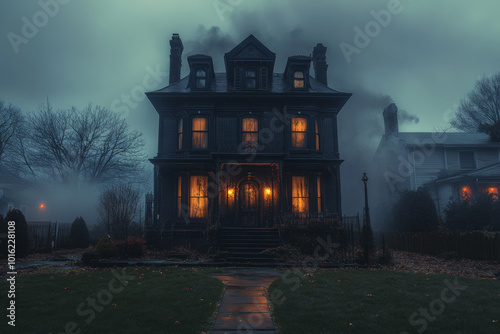 A large, dark house with glowing windows stands in the fog, casting a spooky ambiance.