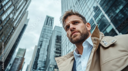 A confident man with a beard wears a stylish coat, standing in a busy cityscape surrounded by high-rise buildings, epitomizing modern urban vigor and resilience. photo