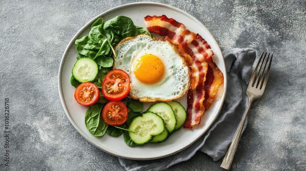 From above of balanced breakfast arrangement on a white plate with fried egg, crispy bacon, fresh spinach leaves, sliced cucumber and wedged tomatoes served with cutlery on grey textured surface From above of balanced breakfast arrangement on a white plate with fried egg, crispy bacon, fresh spinach leaves, sliced cucumber and wedged tomatoes served with cutlery on grey textured surface