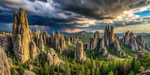 Macro panorama of needle spires with storm clouds in background off Needles Highway in Black Hills of South Dakota