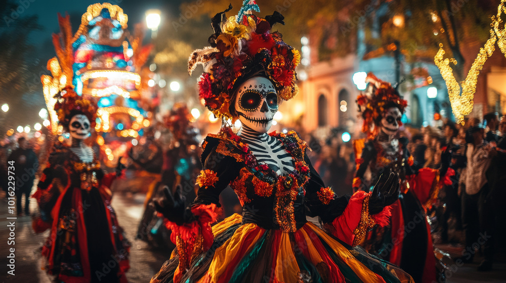 Fototapeta premium A woman in a Day of the Dead costume walks in a parade.