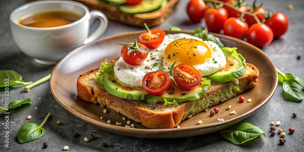 A Poached Egg and Avocado Toast with a Side of Cherry Tomatoes on a Rustic Wooden Plate A Poached Egg and Avocado Toast with a Side of Cherry Tomatoes on a Rustic Wooden Plate