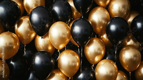 Stylish luxury backdrop of intertwined gold and black balloons, ideal for a sophisticated party or event setting. photo