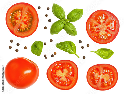 Frische Tomatenscheiben mit Basilikum und Pfefferkörnern für kulinarische Kunstwerke photo