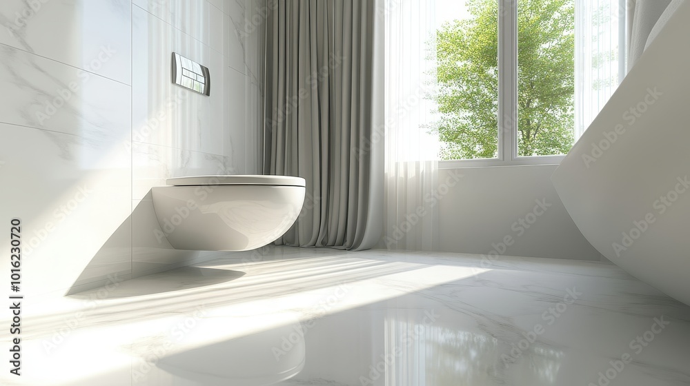 A bright and airy bathroom showcases a modern toilet, large window, and elegant organic light A bright and airy bathroom showcases a modern toilet, large window, and elegant organic light