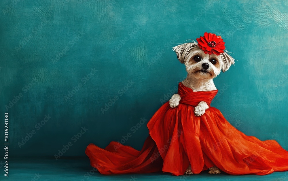 Fototapeta premium A stylish dog standing proudly in a long, bright red dress, adorned with a red flower on her head. This elegant and playful scene is perfect 