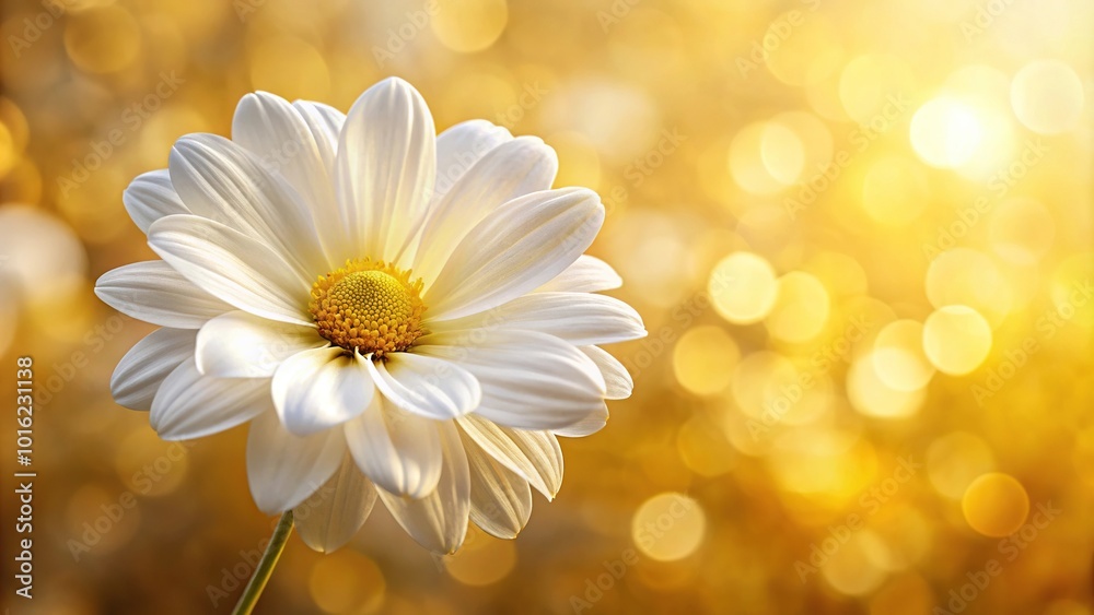 Macro photo of white flower on gold and yellow flowery background