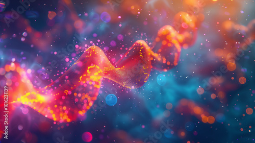 A vibrant, swirling helix of light and color, dotted with fiery sparks.