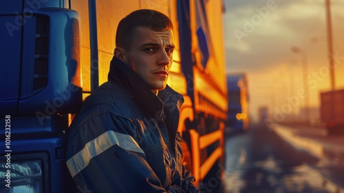 Young Truck Driver Leaning Against a Blue Semi-Truck at Sunset photo