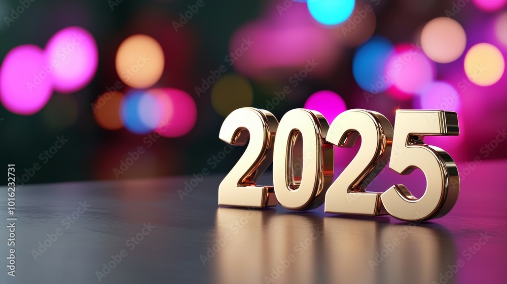 A golden 2025 sparkling in a festive atmosphere with colorful bokeh lights in the background, representing the upcoming New Year celebration A golden 2025 sparkling in a festive atmosphere with colorful bokeh lights in the background, representing the upcoming New Year celebration