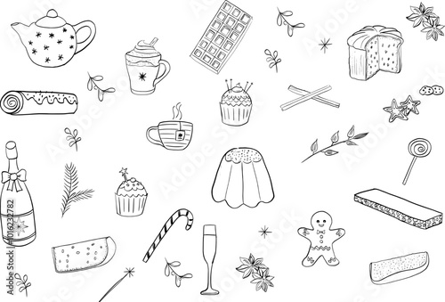 Hand-Drawn Christmas Doodle Set. Festive Black and White Holiday Illustrations