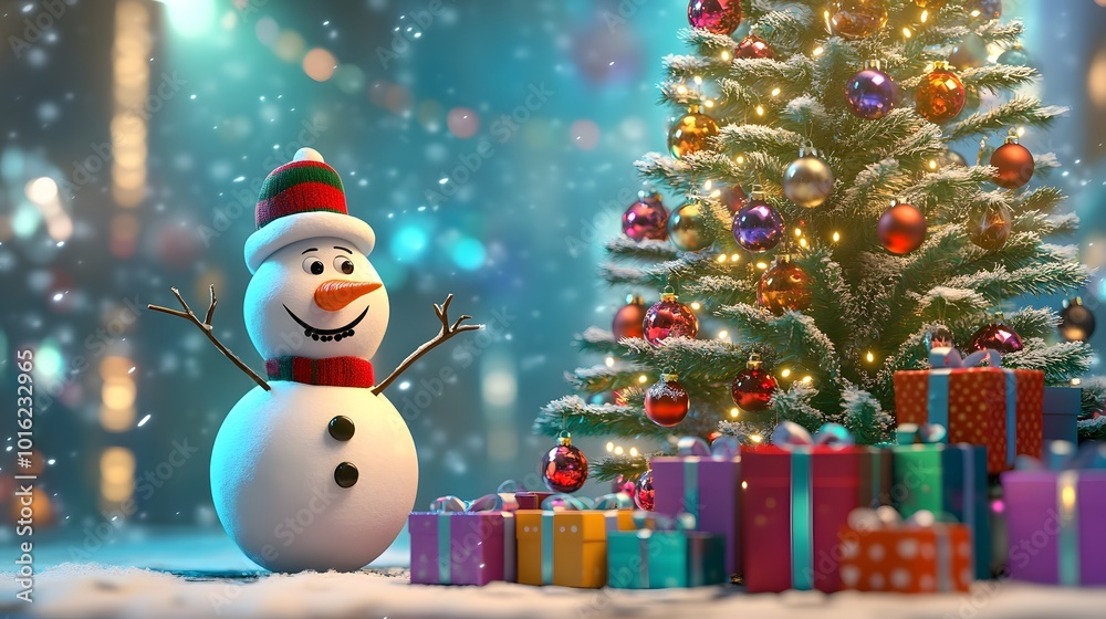 A Cheerful Snowman Stands Near a Decorated Christmas Tree and Presents A Cheerful Snowman Stands Near a Decorated Christmas Tree and Presents