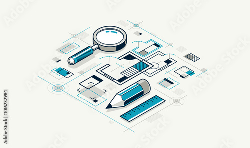 Engineer at work concept, engineering job, paper document blueprint engineering vector 3D isometric illustration, abstract draft drawing, cad technical plan.