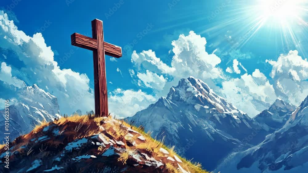 A wooden cross stands tall on a mountaintop, overlooking a vast landscape of snow-capped peaks under a bright blue sky