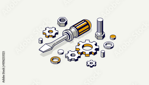 Repair and maintenance concept, technics service, gears and tools in 3D isometric projection vector illustration, technical mechanical workshop.