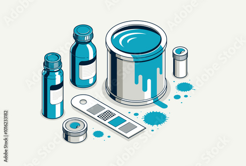 Paints inks and pigments vector 3D isometric illustration, wall paints for decoration and renovation, shades palette swatches different tints.