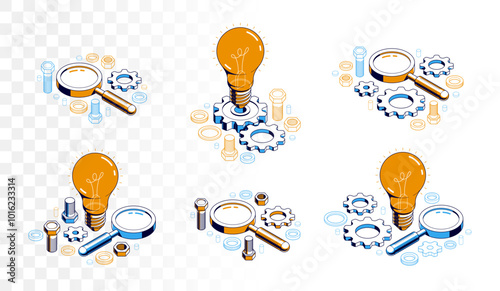Engineering idea concept set, innovation, invention and solution concept, light bulb vector 3D isometric illustration, mechanical engine works.