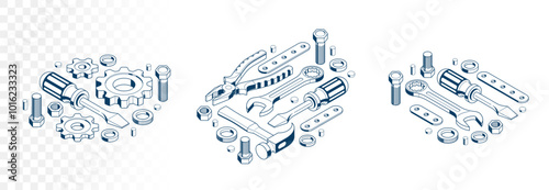 Invention renovation concept set, gears and tools in 3D isometric projection vector illustration, technical theme, cogs and bolts machinery and engine creation.