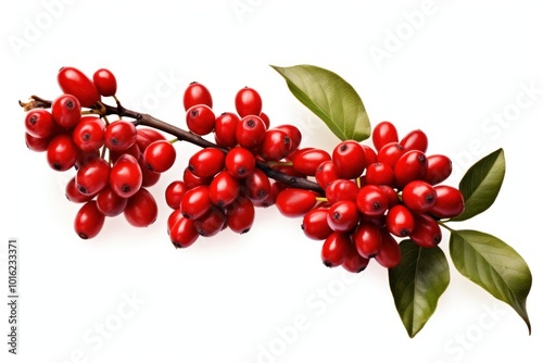 Red coffee beans and ripe berries branch cherry plant.