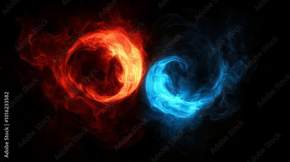 Dynamic red and blue fire swirls on a black background, abstract multicolored design featuring a stone textured effect, symbolizing the yin yang concept of balance and contrast in visual art