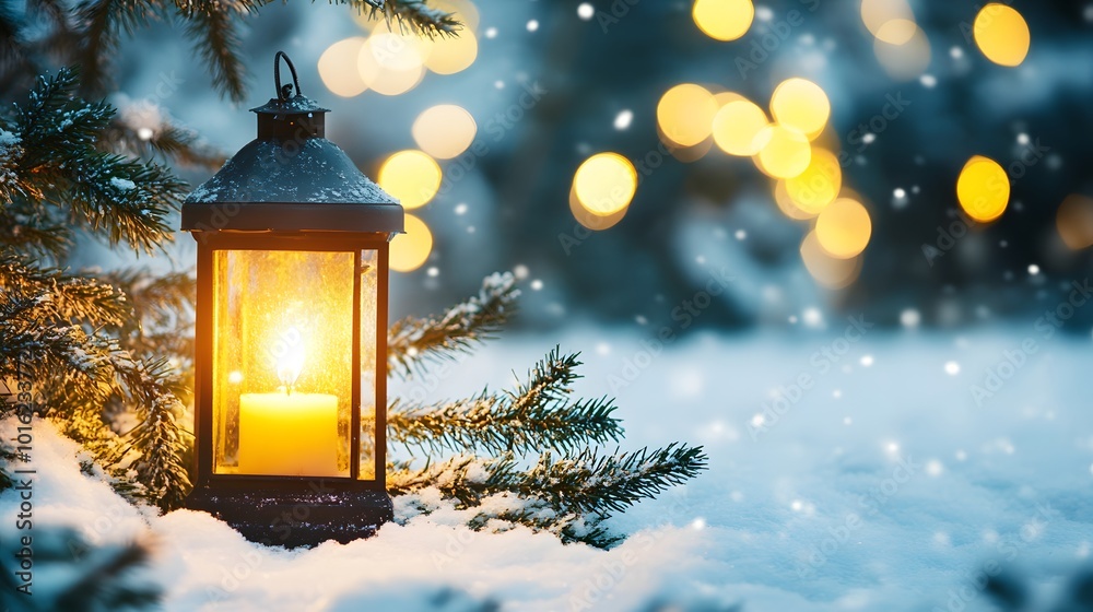 A Lit Lantern in a Snowy Forest with Blurred Lights A Lit Lantern in a Snowy Forest with Blurred Lights