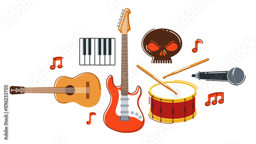 Rock music band vector flat illustration isolated over white background, hard rock and heavy metal live sound festival or concert, rock n roll musical band playing, night club party.