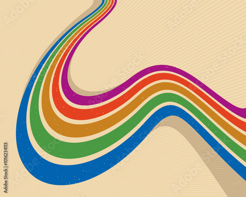 Retro style abstract background with curve lines in all colors of rainbow, 3D dimensional seventieth vector art.
