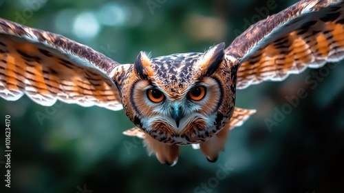 An owl flies effortlessly through a vibrant green forest, its wings gracefully extended, embodying the essence of freedom, mystery, and natural beauty. photo