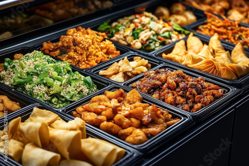 A variety of Asian dishes displayed in a buffet, including stir-fried vegetables, chicken dishes, dumplings, spring rolls, and more, all arranged in separate trays.