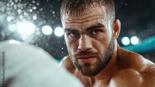 A powerful portrait of a boxer during a fight, sweat visible on his skin, showcasing his intense focus and determination amidst bright arena lights. photo