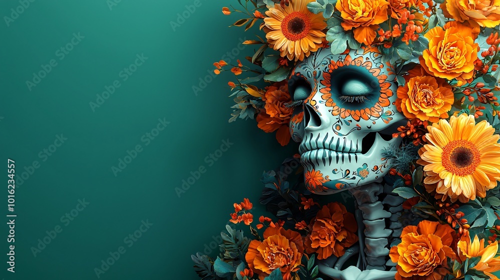 Vibrant Day of the Dead (Dia De Los Muertos) illustration featuring a decorated skeleton with floral elements, perfect for celebration themes, festivals, and cultural events. Vibrant Day of the Dead (Dia De Los Muertos) illustration featuring a decorated skeleton with floral elements, perfect for celebration themes, festivals, and cultural events.