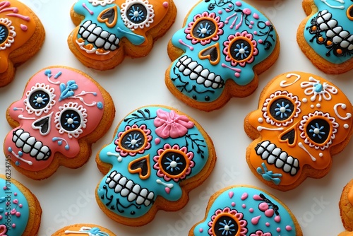 Colorful sugar skull cookies with vibrant icing, perfect for celebrating Dia De Los Muertos. Ideal for festive designs, invites, or party decorations.