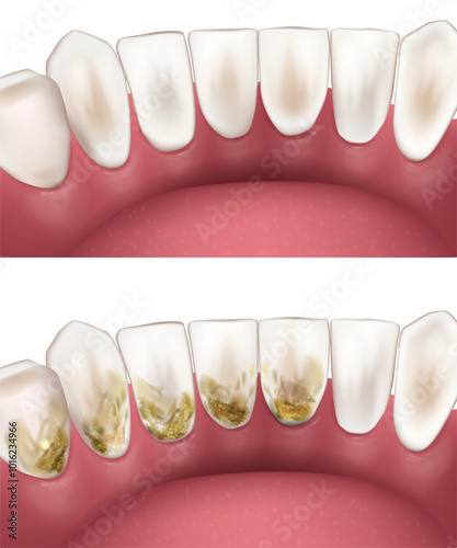 Deep Teeth Cleaning. Before and After. Teeth whitening concept. Debridement dental. Dental plaque tartar