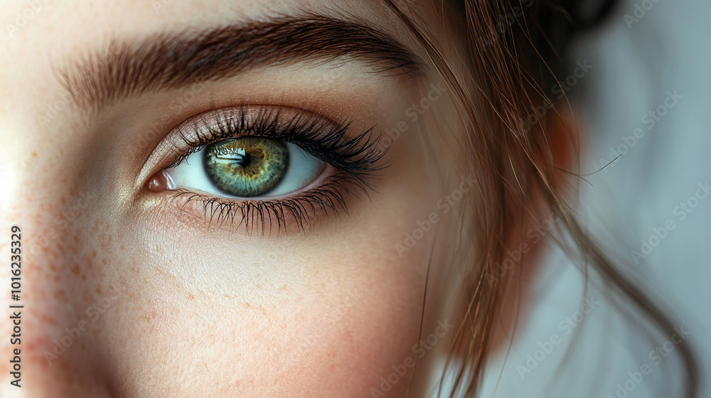 female face on a banner, showcasing delicate features and captivating beauty. The image highlights femininity, elegance, and confidence, symbolizing allure and empowerment