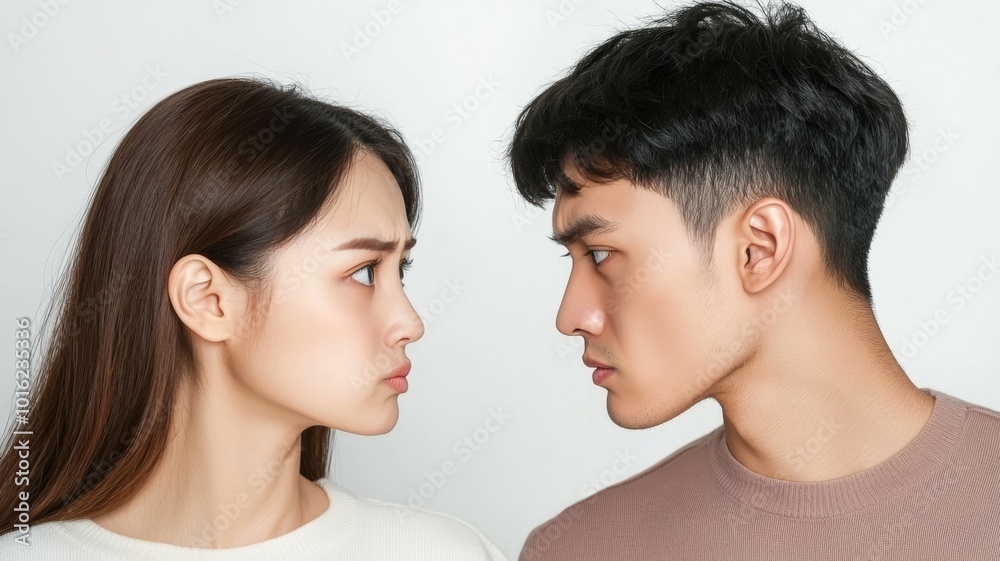 A tense stare-off between a young couple highlighting emotional conflict in a neutral setting A tense stare-off between a young couple highlighting emotional conflict in a neutral setting