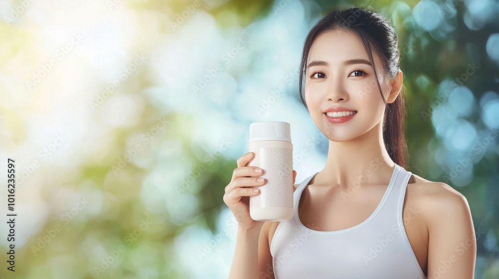 Young woman enjoys a refreshing drink outdoors during a sunny day in a park Young woman enjoys a refreshing drink outdoors during a sunny day in a park