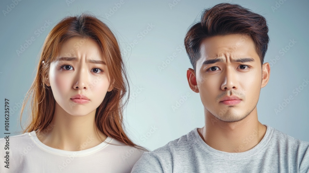 Concerned young couple expressing worry in a neutral setting against a light background Concerned young couple expressing worry in a neutral setting against a light background