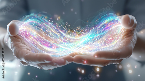 Hands holding vibrant, colorful energy waves on a soft-focus background. photo