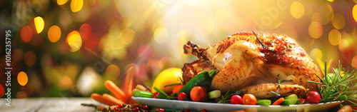 A tantalizing chicken dish displayed on a restaurant table with beautiful light and bokeh in background 