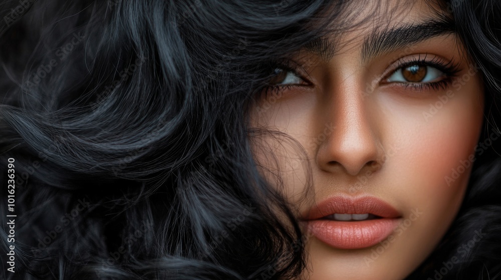 A striking close-up of a woman with voluminous curly hair and natural makeup, emphasizing her expressive eyes and radiant skin tone. A striking close-up of a woman with voluminous curly hair and natural makeup, emphasizing her expressive eyes and radiant skin tone.