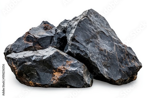 Basalt Rock Collection. Closeup of Dark Basaltic Rocks with Black and Brown Colors on White Background