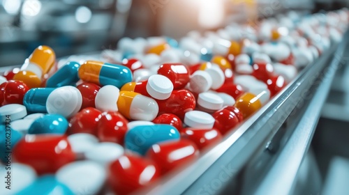 Image showing a variety of colorful capsules and tablets on a production line, indicative of a bustling pharmaceutical manufacturing environment. photo