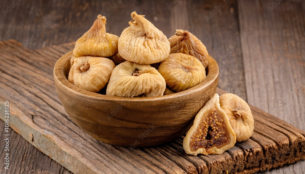 Dried figs in a wooden bowl set against an old wooden backdrop. ai generated
